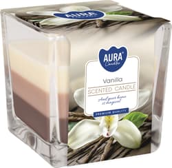 Three-coloured scented candle in glass