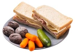 Snack with pork ham, cheese, biscuits and vegetables