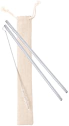 Rystol Set of 2 reusable stainless steel drinking straws and a cleaning brush in cotton packaging.
