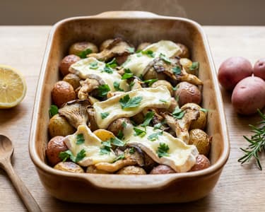 Lemon Potatoes Baked with Oyster Mushrooms and Camembert