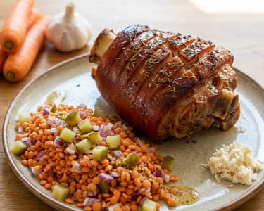Baked Pork Knuckle with Thyme and Lentil Salad