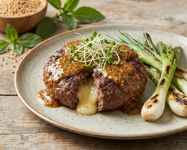 Grilled Beef Burger Stuffed with Camembert Cheese