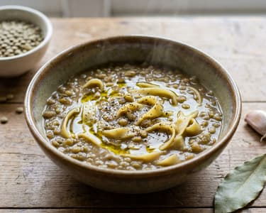 Thick lentil soup with wide tagliatelle noodles