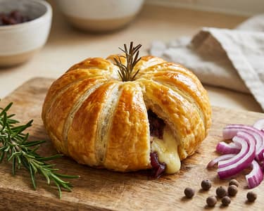 Puff pastry pumpkins filled with Hermelín cheese and autumn onion chutney