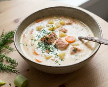 Finská lososová polévka (lohikeitto)