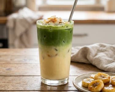 Matcha ledové kokosové latte s karamelizovaným banánem