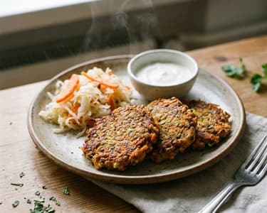 Buckwheat and vegetable patties served with fermented vegetables