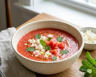 Osvěžující melounové gazpacho s fetou a mátou | Letní studená polévka