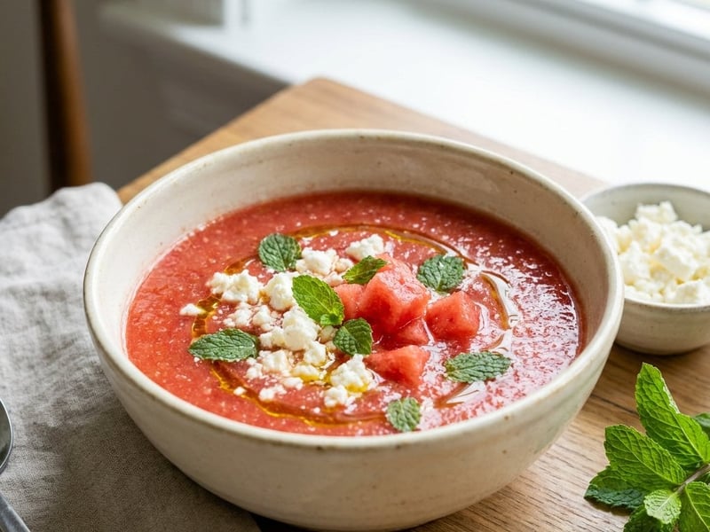 Osvěžující melounové gazpacho s fetou a mátou | Letní studená polévka