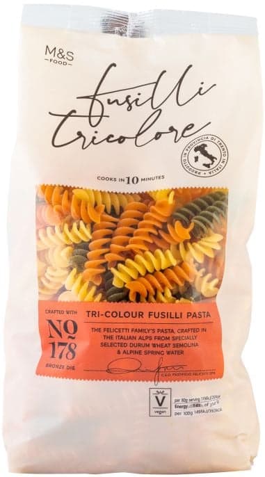 Marks & Spencer Tricolor dried semolina fusilli pasta with tomatoes and spinach