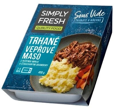 Simply Fresh Pulled pork in hoisin, baked carrot, smashed potatos