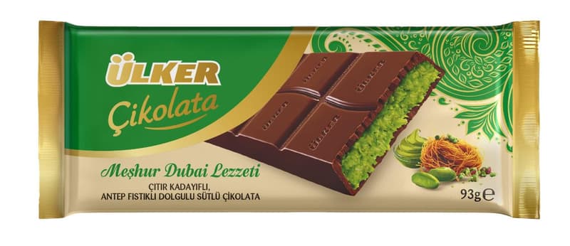 Ülker dubajská mléčná čokoláda s pistáciovou náplní s kadayif