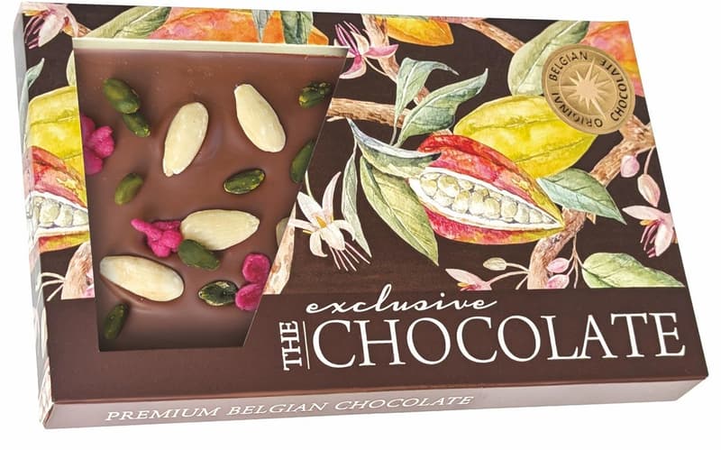 The Chocolate Formovaná mléčná čokoláda s mandlemi, pistáciemi a sušenými růžemi