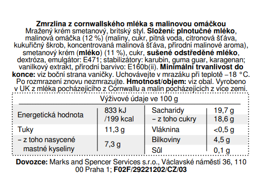 Marks & Spencer Zmrzlina z cornwallského mléka s malinovou omáčkou