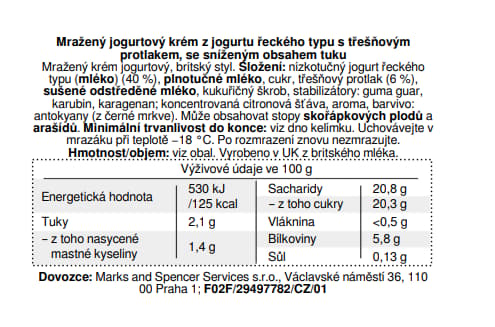 Marks & Spencer Mražený jogurtový krém z jogurtu řeckého typu s třešňovým protlakem, se sníženým obsahem tuku