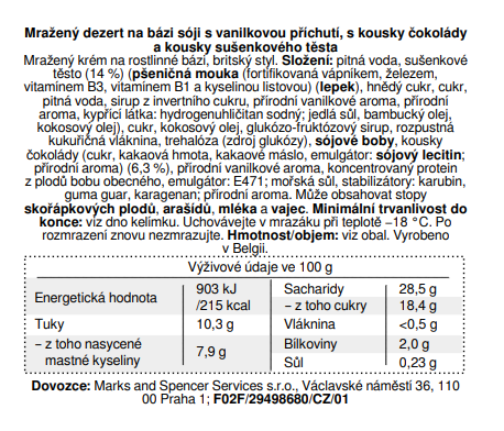 Marks & Spencer Mražený dezert na bázi sóji s vanilkovou příchutí, s kousky čokolády a sušenkového těsta