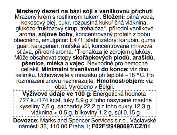 Marks & Spencer Mražený dezert na bázi sóji s vanilkovou příchutí