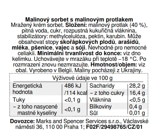 Marks & Spencer Malinový sorbet s malinovým protlakem