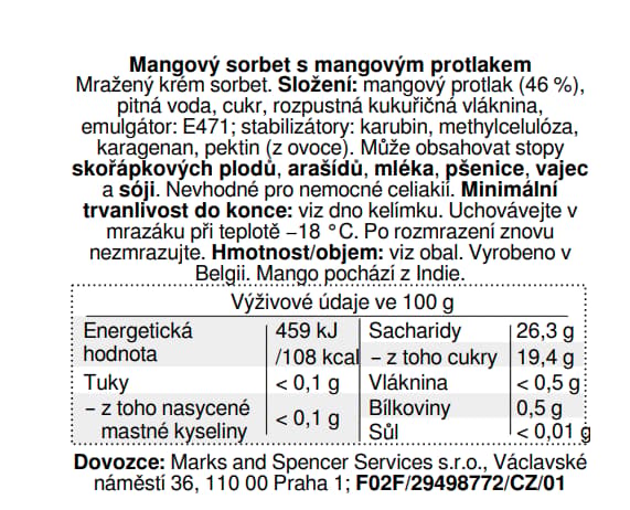 Marks & Spencer Mangový sorbet s mangovým protlakem