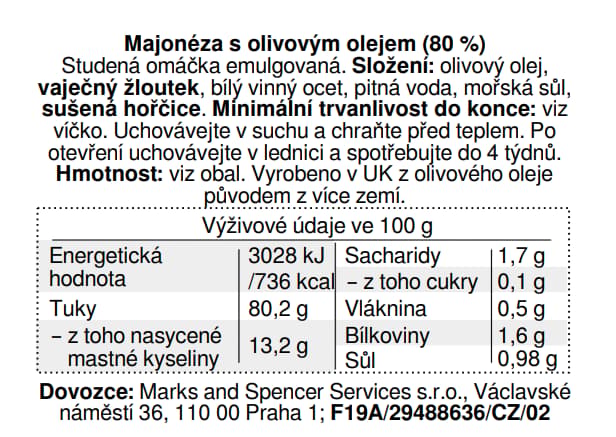 Marks & Spencer Majonéza s olivovým olejem