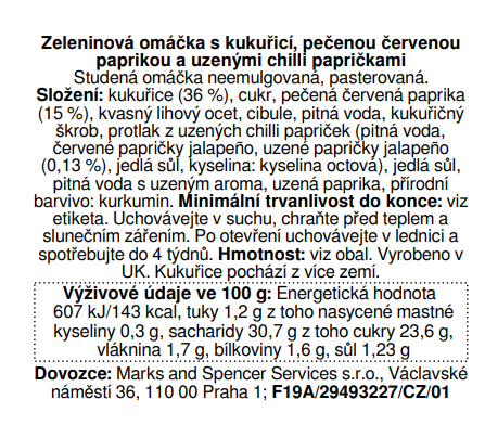 Marks & Spencer Zeleninová omáčka s kukuřicí, pečenou červenou paprikou a uzenými chilli papričkami