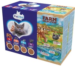 PreVital Farm Selection Kapsičky pro kočky s hovězím a mrkví / lososem a rozmarýnem / krůtím a hráškem / treskou a petrželí v omáčce 12×85 g