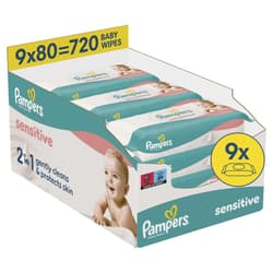 Pampers Sensitive Baby Wet Wipes, 9 Packs of 80 Wipes = 720 Baby Wet Wipes