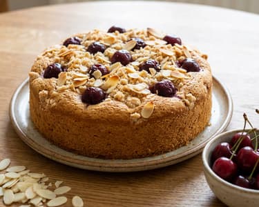 Špaldová buchta s třešněmi a mandlovou drobenkou