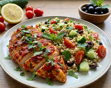 Chicken Breasts in Tomato Marinade with Chili and Bulgur Salad with Mint