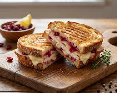 Baked sandwich with cheese, turkey meat and cranberry dressing