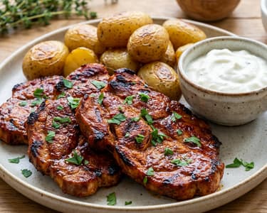 Grilovaná krkovice s pečenými bramborami a česnekovým dipem