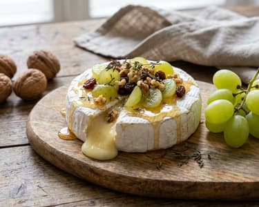 Grilovaný hermelín s vlašskými ořechy, rozinkami a hroznovým vínem