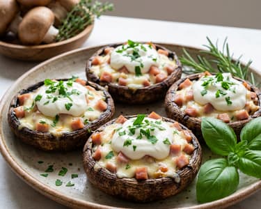 Žampiony plněné šunkou, mozzarellou a ricottou