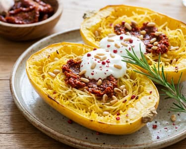Špagetová dýně s crème fraîche a pestem ze sušených rajčat