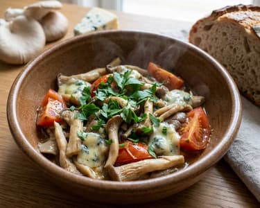 Sautéed Oyster Mushrooms with Niva Cheese and Tomatoes