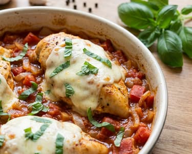 Zapečená kuřecí prsa s mozzarellou v rajčatové omáčce