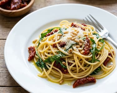 Špagety se sušenými rajčaty a rukolou