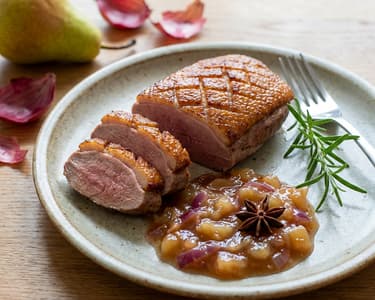 Svatomartinský steak z husího prsa s hruškovým chutney