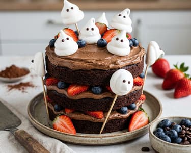 Halloweenský čokoládový dort s kávovým krémem a pusinkovými duchy