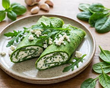 Špenátové palačinky s tvarohem,
balkánským sýrem a rukolou