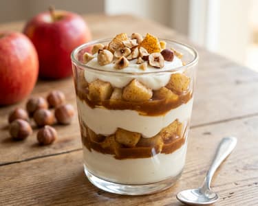 Tvarohová sklenička s pečenými jablky a datlovým karamelem