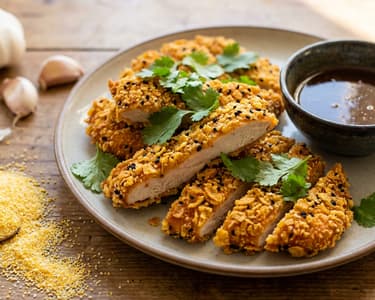 Chicken schnitzel with miso paste and coriander
