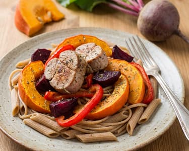 Pasta with pork tenderloin and roasted vegetables