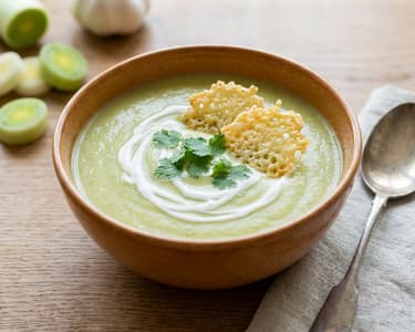 Pórková krémová polévka s kokosovým mlékem a parmazánovým chipsem