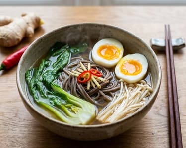 Vývar „po asijsku“ se soba nudlemi, vejcem, pak choi a houbami enoki