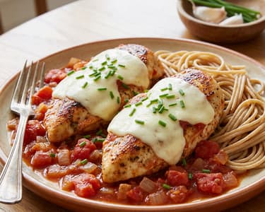 Chicken breasts in tomato sauce with mozzarella