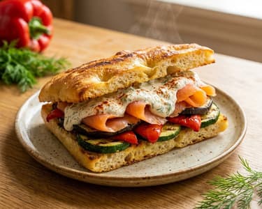 Focaccia s grilovanou zeleninou, uzeným lososem a koprovou remuládou
