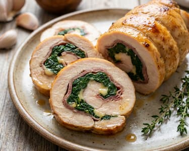 Sváteční kuřecí roláda se sušenou šunkou,
parmazánem a špenátem