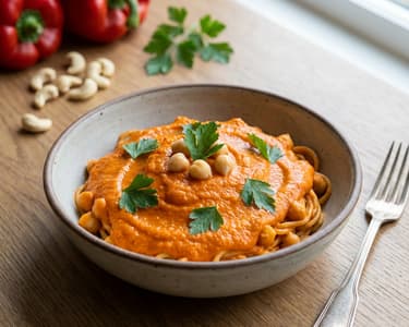 Veganské cizrnové těstoviny s paprikovou omáčkou