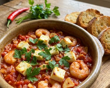 Krevety s rajčaty a fetou